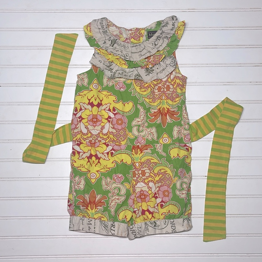 MUSTARD PIE VGUC 100% Cotton Multicolor Floral Print Ruffle Collar Romper